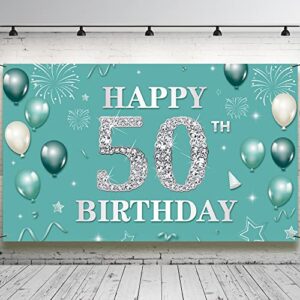50th birthday decoration backdrop banner, teal silver happy 50th birthday decorations for women, turquoise 50 year old birthday party photo booth props supplies for outdoor indoor, fabric vicycaty