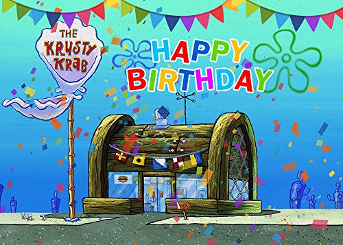 QHY Cartoon Animation Spongebob Theme Photography Backdrop Children Happy 1st Birthday Party decors Banner The Krusty Krab Photo Background Vinyl Baby Shower Booth Studio Props 8x6FT