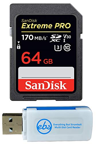 SanDisk 64GB Extreme Pro Memory Card works with Sony Alpha A9, A6000, A5100, A6300, A6500, DSCH300, A5000, A7, A7R II Digital DSLR Camera SDXC 4K V30 UHS-I with Everything But Stromboli Combo Reader