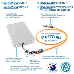 Action Sports Phone Anchor – Tough Outdoors Aussie Made Lanyard & Anti-Tangle Bungie Cord Leash Securely Tether Your Phone ProCam Keys Wallet (Orange)