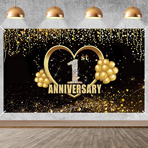 Yoaokiy 1 Year Anniversary Banner Decorations, Extra Large Happy 1st Wedding Anniversary Backdrop Poster Sign Supplies, Gold One Year Anniversary Decor Photo Props for Outdoor Indoor(6 X 3.6ft)