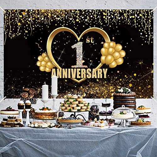 Yoaokiy 1 Year Anniversary Banner Decorations, Extra Large Happy 1st Wedding Anniversary Backdrop Poster Sign Supplies, Gold One Year Anniversary Decor Photo Props for Outdoor Indoor(6 X 3.6ft)