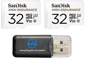 sandisk high endurance 32gb microsdhc memory card (2 pack) for dash cams & home security system cameras (sdsqqnr-032g-gn6ia) class 10 bundle with (1) everything but stromboli microsd card reader