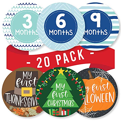 20 Monthly Baby Milestone Stickers Boy - Blue Baby Monthly Milestone Stickers for Baby Boy, Milestone Baby Monthly Stickers, Baby Month Stickers for Baby Photo Props Boy, Monthly Baby Stickers Boy