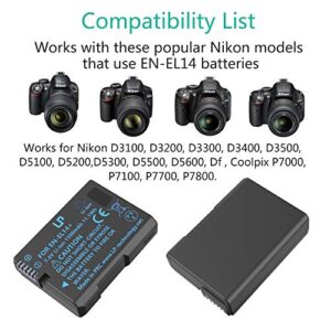 EN-EL14 EN EL14a Battery Rechargeable, LP Battery Compatible with Nikon D3500, D5600, D3300, D5100, D5500, D3100, D3200, D5200, D5300, D3400, DF, Coolpix P7000, P7100, P7700, P7800 Cameras & More