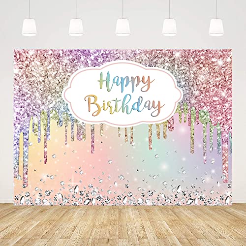 Ticuenicoa 7x5ft Happy Birthday Backdrop for Party Glitter Rainbow Colorful Bokeh Birthday Background for Photography Shinning Silver Diamonds Birthday Decorations for Princess Cake Table Banner