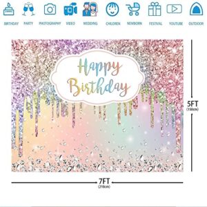 Ticuenicoa 7x5ft Happy Birthday Backdrop for Party Glitter Rainbow Colorful Bokeh Birthday Background for Photography Shinning Silver Diamonds Birthday Decorations for Princess Cake Table Banner