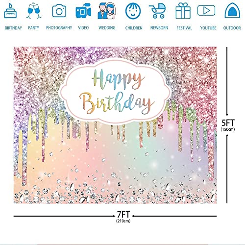 Ticuenicoa 7x5ft Happy Birthday Backdrop for Party Glitter Rainbow Colorful Bokeh Birthday Background for Photography Shinning Silver Diamonds Birthday Decorations for Princess Cake Table Banner