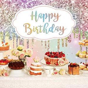 Ticuenicoa 7x5ft Happy Birthday Backdrop for Party Glitter Rainbow Colorful Bokeh Birthday Background for Photography Shinning Silver Diamonds Birthday Decorations for Princess Cake Table Banner