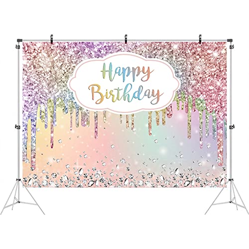 Ticuenicoa 7x5ft Happy Birthday Backdrop for Party Glitter Rainbow Colorful Bokeh Birthday Background for Photography Shinning Silver Diamonds Birthday Decorations for Princess Cake Table Banner