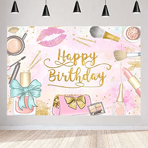 Aperturee Makeup Spa Happy Birthday Backdrop 5x3ft Girls Women Princess Pink Glamour Cosmetics Beauty Make Up Photography Background Sweet 16th Banner Party Decorations Photo Booth Shoot Studio Props