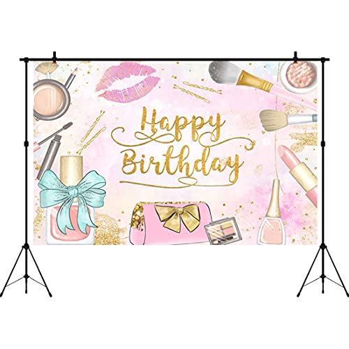 Aperturee Makeup Spa Happy Birthday Backdrop 5x3ft Girls Women Princess Pink Glamour Cosmetics Beauty Make Up Photography Background Sweet 16th Banner Party Decorations Photo Booth Shoot Studio Props