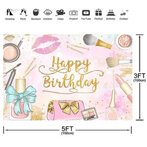 Aperturee Makeup Spa Happy Birthday Backdrop 5x3ft Girls Women Princess Pink Glamour Cosmetics Beauty Make Up Photography Background Sweet 16th Banner Party Decorations Photo Booth Shoot Studio Props