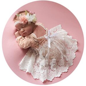 zeroest newborn photography outfits girl lace romper newborn photography props rompers baby girls skirt photoshoot 3pcs (peach-long sleeve)