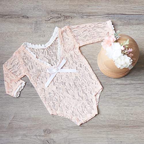 Zeroest Newborn Photography Outfits Girl Lace Romper Newborn Photography Props Rompers Baby Girls Skirt Photoshoot 3PCS (Peach-Long Sleeve)