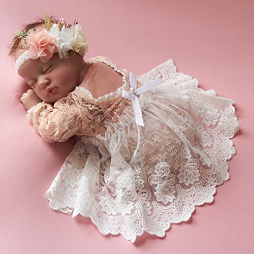 Zeroest Newborn Photography Outfits Girl Lace Romper Newborn Photography Props Rompers Baby Girls Skirt Photoshoot 3PCS (Peach-Long Sleeve)