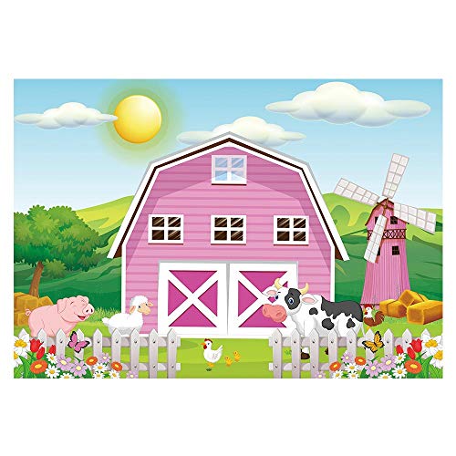 Funnytree 7x5ft Cartoon Farm Animals Party Backdrop Pink Barn Girl Baby Shower Birthday Photography Background Cow Grass Rustic Barnyard Scenic Banner Cake Table Decoration Photo Booth Props