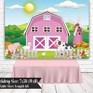 Funnytree 7x5ft Cartoon Farm Animals Party Backdrop Pink Barn Girl Baby Shower Birthday Photography Background Cow Grass Rustic Barnyard Scenic Banner Cake Table Decoration Photo Booth Props