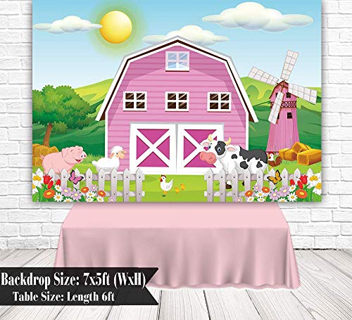 Funnytree 7x5ft Cartoon Farm Animals Party Backdrop Pink Barn Girl Baby Shower Birthday Photography Background Cow Grass Rustic Barnyard Scenic Banner Cake Table Decoration Photo Booth Props