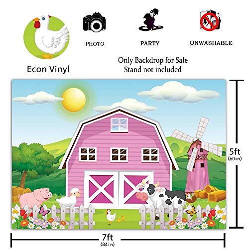 Funnytree 7x5ft Cartoon Farm Animals Party Backdrop Pink Barn Girl Baby Shower Birthday Photography Background Cow Grass Rustic Barnyard Scenic Banner Cake Table Decoration Photo Booth Props