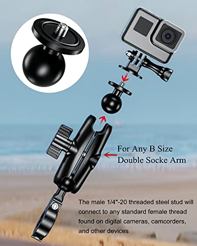 BRCOVAN 2 Pack, Aluminum Alloy 1'' Ball Adapter with 1/4"-20 Threaded Stud for Action Camera & Camcorder Compatible with RAM Mounts B Size 1'' Ball Double Socket Arm