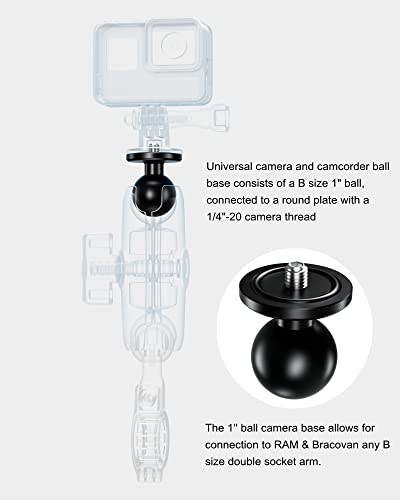 BRCOVAN 2 Pack, Aluminum Alloy 1'' Ball Adapter with 1/4"-20 Threaded Stud for Action Camera & Camcorder Compatible with RAM Mounts B Size 1'' Ball Double Socket Arm