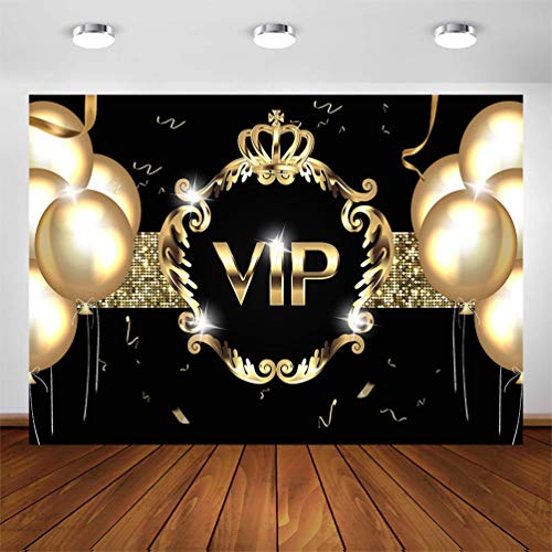 Avezano VIP Party Backdrops for Birthday Photoshoot 7x5ft Golden Balloon Black Gold Theme Photography Background Red Carpet VIP Photo Booth Backdrop for Parties