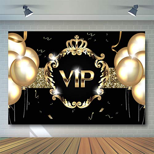 Avezano VIP Party Backdrops for Birthday Photoshoot 7x5ft Golden Balloon Black Gold Theme Photography Background Red Carpet VIP Photo Booth Backdrop for Parties