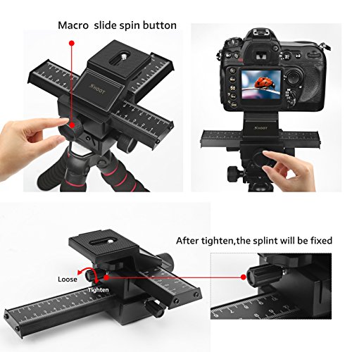 SHOOT Aluminum Pro 4-Way Macro Focusing Rail Slider /Close-up Shooting Photography for Canon Nikon Sony Pentax Olympus Samsung Other Digital SLR Camera and DC with 1/4" Screw Hole