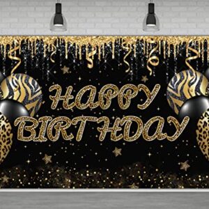 Large Gold Leopard Happy Birthday Backdrop Huge Leopard Happy Birthday Banner Cheetah Birthday Party Decoration Gold Leopard Birthday Photography Background Adults Women Birthday Backdrop (6 X 3.6 FT)