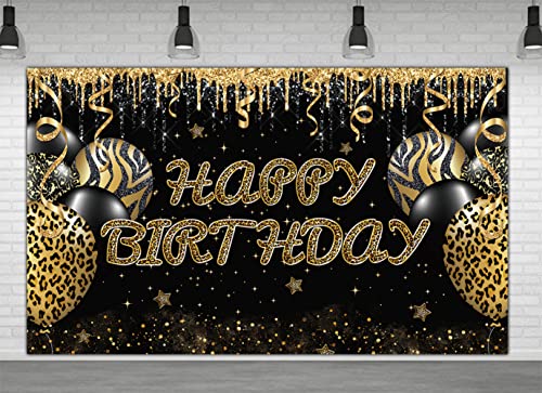 Large Gold Leopard Happy Birthday Backdrop Huge Leopard Happy Birthday Banner Cheetah Birthday Party Decoration Gold Leopard Birthday Photography Background Adults Women Birthday Backdrop (6 X 3.6 FT)