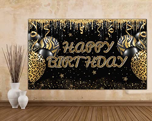 Large Gold Leopard Happy Birthday Backdrop Huge Leopard Happy Birthday Banner Cheetah Birthday Party Decoration Gold Leopard Birthday Photography Background Adults Women Birthday Backdrop (6 X 3.6 FT)