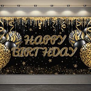 Large Gold Leopard Happy Birthday Backdrop Huge Leopard Happy Birthday Banner Cheetah Birthday Party Decoration Gold Leopard Birthday Photography Background Adults Women Birthday Backdrop (6 X 3.6 FT)