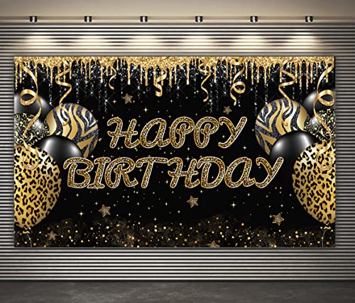 Large Gold Leopard Happy Birthday Backdrop Huge Leopard Happy Birthday Banner Cheetah Birthday Party Decoration Gold Leopard Birthday Photography Background Adults Women Birthday Backdrop (6 X 3.6 FT)