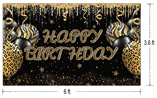 Large Gold Leopard Happy Birthday Backdrop Huge Leopard Happy Birthday Banner Cheetah Birthday Party Decoration Gold Leopard Birthday Photography Background Adults Women Birthday Backdrop (6 X 3.6 FT)