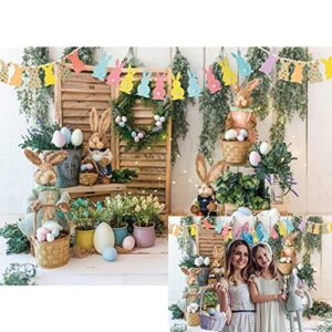 Spring Easter Garden Rabbit Party Decoration Spring Rustic Wooden Wall Colorful Eggs Rabbit Background Easter Themed Newborn Kids Party Baby Shower Backdrop (7x5ft)