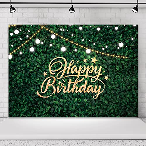 Omifly Green Grass Happy Birthday Backdrop for Women 7x5ft Safari Rustic Photography Wall Spring Greenery Leaves Newborn Olive Green Background Decorations Photo Booth Studio Props Banner Supplies