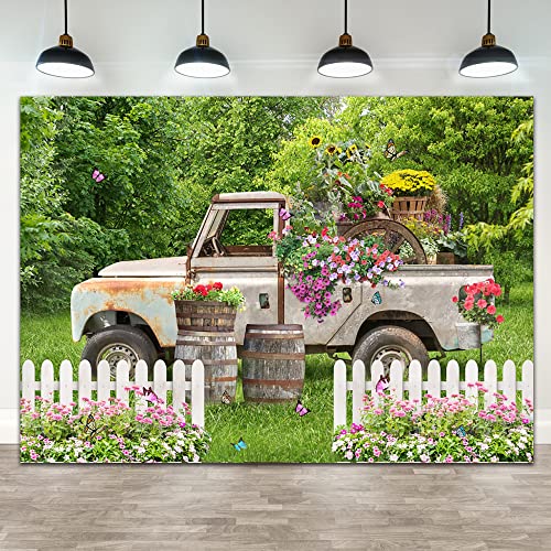 Ticuenicoa 7×5ft Spring Truck Garden Backdrop Secret Garden Grassland Fence Floral Background for Photography Birthday Newborn Party Banner Wall Decorations Photo Props