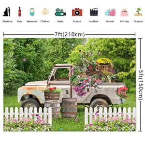 Ticuenicoa 7×5ft Spring Truck Garden Backdrop Secret Garden Grassland Fence Floral Background for Photography Birthday Newborn Party Banner Wall Decorations Photo Props