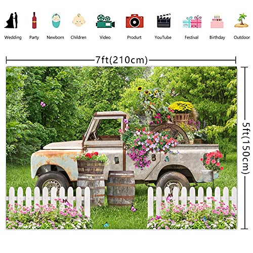 Ticuenicoa 7×5ft Spring Truck Garden Backdrop Secret Garden Grassland Fence Floral Background for Photography Birthday Newborn Party Banner Wall Decorations Photo Props