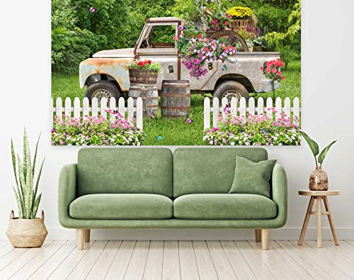 Ticuenicoa 7×5ft Spring Truck Garden Backdrop Secret Garden Grassland Fence Floral Background for Photography Birthday Newborn Party Banner Wall Decorations Photo Props