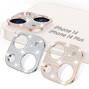 goton bling metal protector for iphone 14 plus & iphone 14 camera lens protector [no glass], glitter diamond lens cover for iphone 14 plus & 14 accessories silver+rose gold