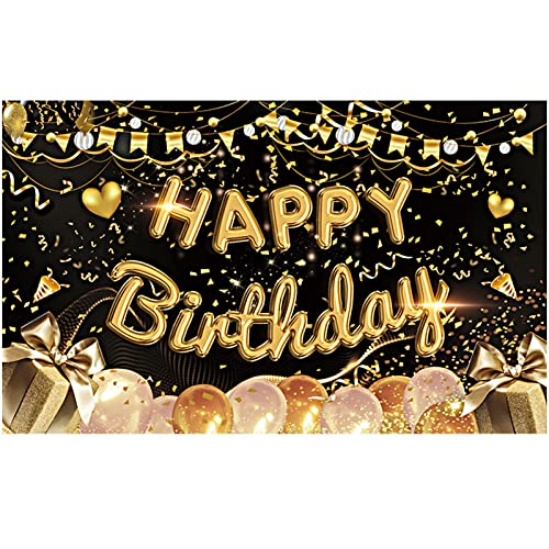 Homelove Birthday Banner,(71 x 43 Inch) Large Happy Birthday Backdrop Banner, Black Gold Balloon Photography Background Party Decorations for Party Favor Supplies Birthday Celebration