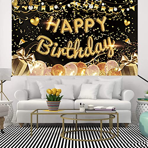 Homelove Birthday Banner,(71 x 43 Inch) Large Happy Birthday Backdrop Banner, Black Gold Balloon Photography Background Party Decorations for Party Favor Supplies Birthday Celebration