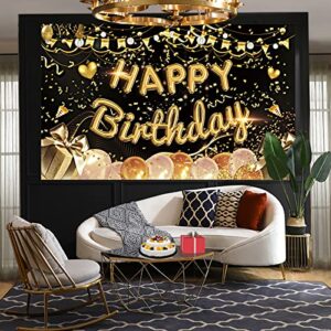 Homelove Birthday Banner,(71 x 43 Inch) Large Happy Birthday Backdrop Banner, Black Gold Balloon Photography Background Party Decorations for Party Favor Supplies Birthday Celebration