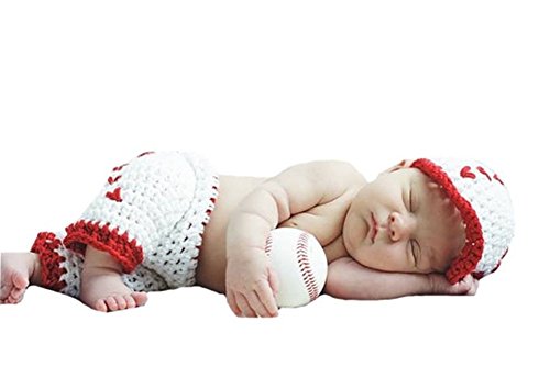 Pinbo Newborn Baby Boys Photography Prop Crochet Baseball Hat Shorts,White with red,One Size