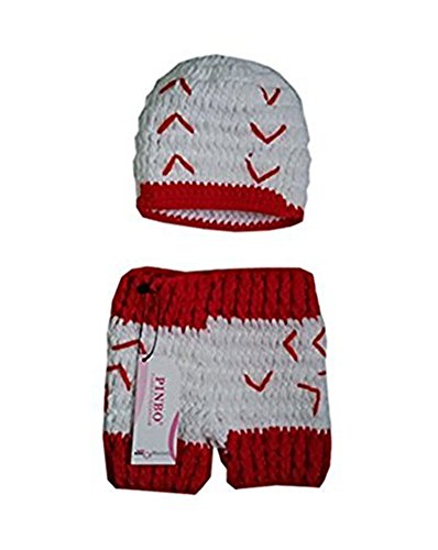 Pinbo Newborn Baby Boys Photography Prop Crochet Baseball Hat Shorts,White with red,One Size