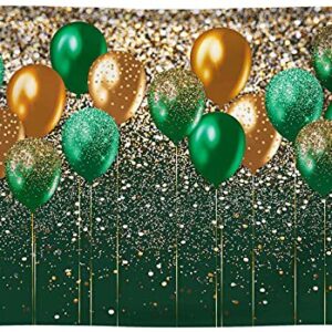 Funnytree 7X5FT Soft Fabric Balloons Backdrop Green and Gold Glitter Background Birthday Woman Prom Graduation Party Banner Cake Table Decor Portrait Photo Studio Photobooth Props Gift Supplies