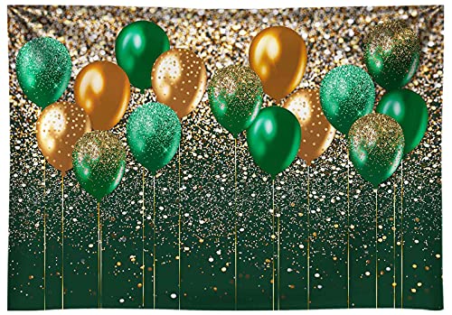 Funnytree 7X5FT Soft Fabric Balloons Backdrop Green and Gold Glitter Background Birthday Woman Prom Graduation Party Banner Cake Table Decor Portrait Photo Studio Photobooth Props Gift Supplies