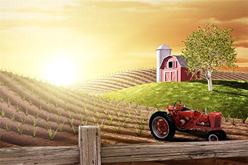 LFEEY 7x5ft Morning Busy Farm Photography Background Fresh Sunrise Country Hills Agriculture Farmland Truck Rural Farming Barn Tractor Photo Backdrop Photo Studio Props